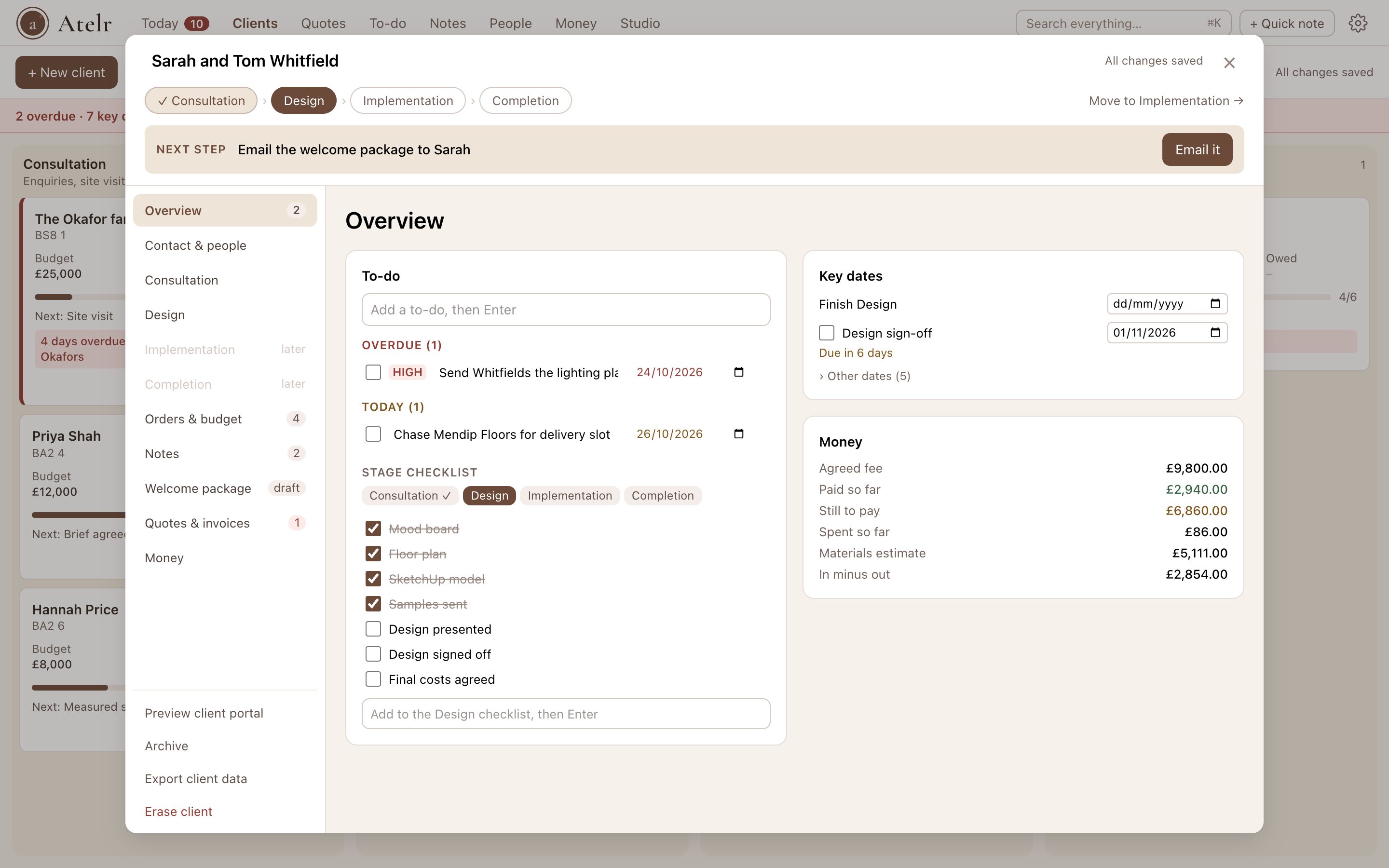 A client’s window: the stages and next step across the top, labelled tabs down the left, and the overview with to-dos, key dates and money