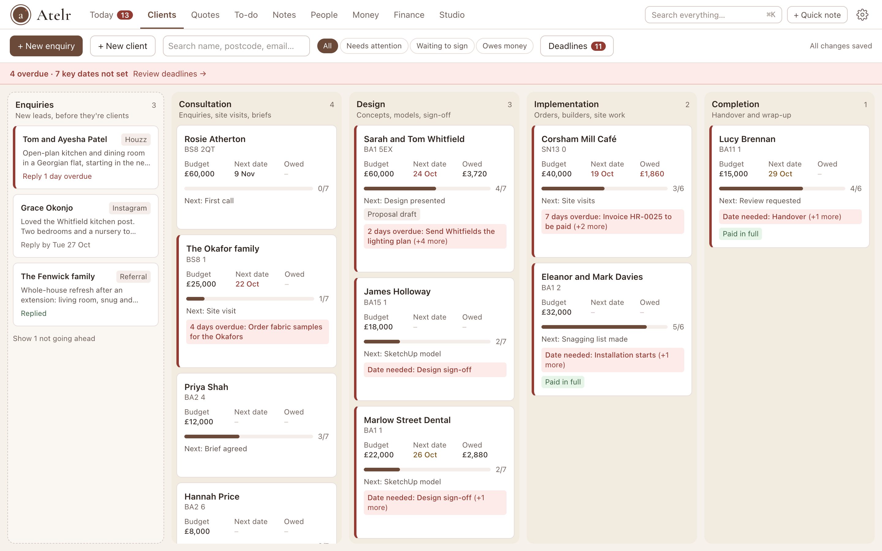 The Clients board with an Enquiries column first: new enquiries with their source and reply-by date, then clients by stage
