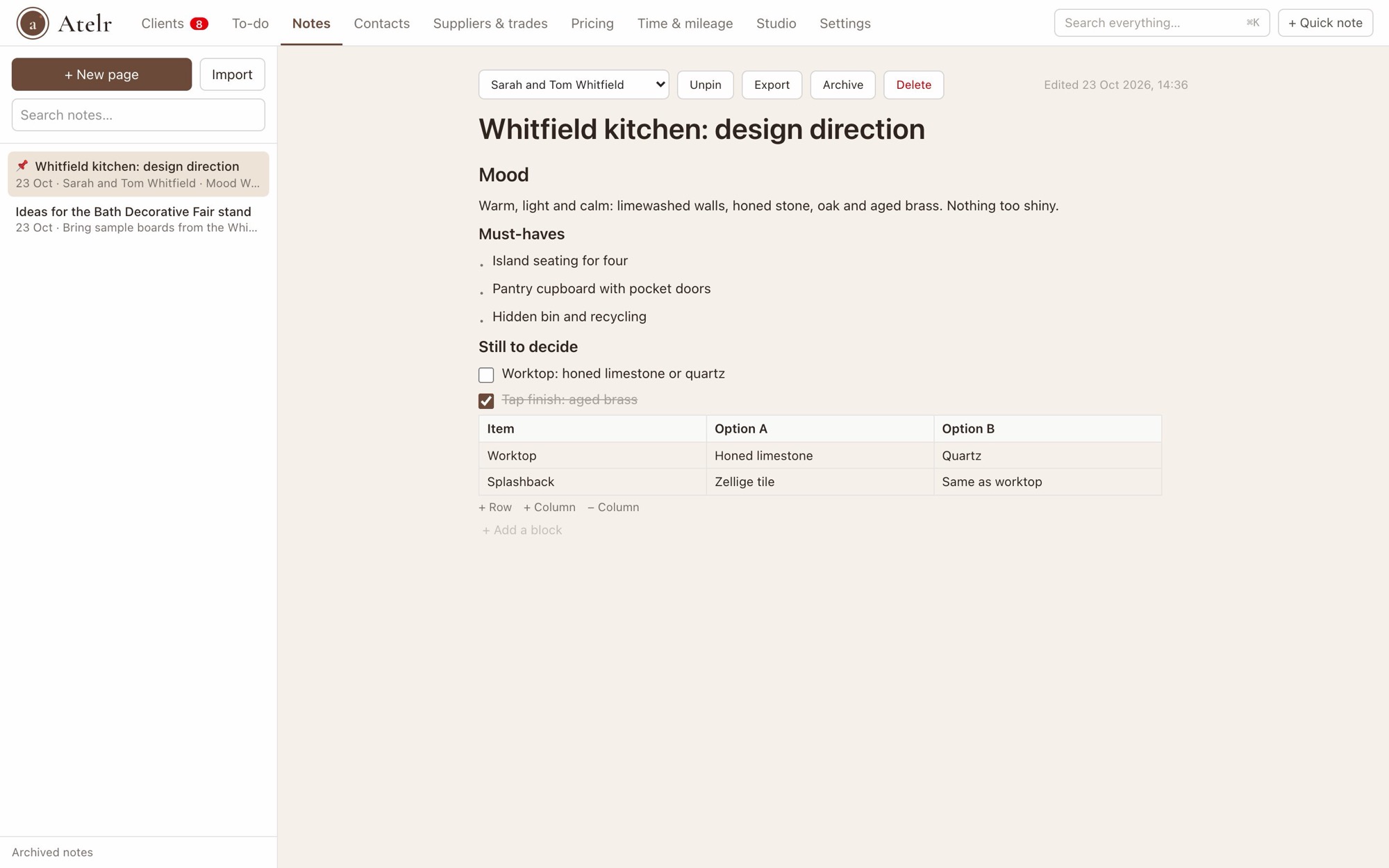 A notes page for a client: headings, bullet points, a checklist and a comparison table