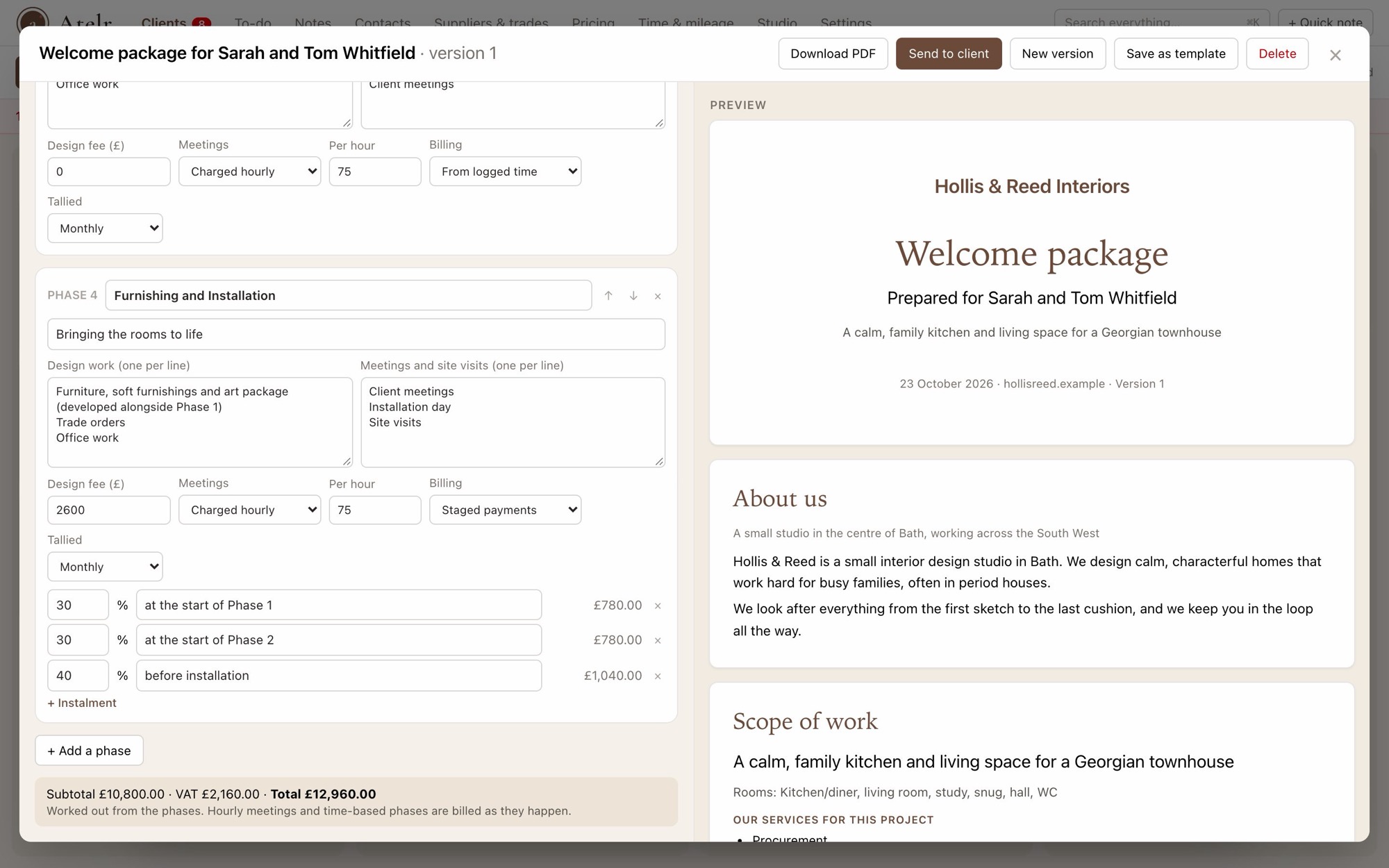 The welcome package editor: phases with design fees and staged instalments on the left, a live preview of the branded proposal on the right